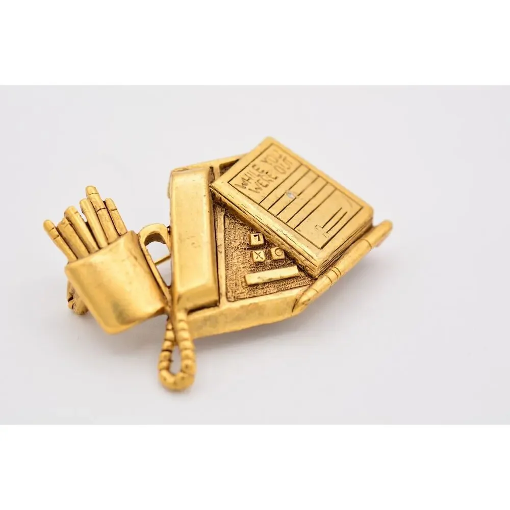 Danecraft Vintage Work Desk Pin Brooch Office Antiqued Gold Heavy Signed BinA15